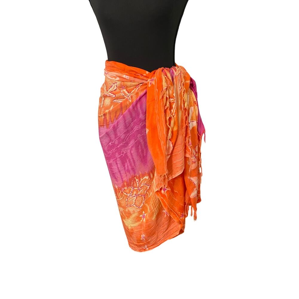 Sand N Sun Tropical Floral Sarong Wrap Cover Up Orange Pink Rayon Beach Pareo